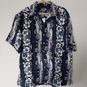 Boardsports brand men's Hawaiian shirt Black and White Tropical Pattern Sz L